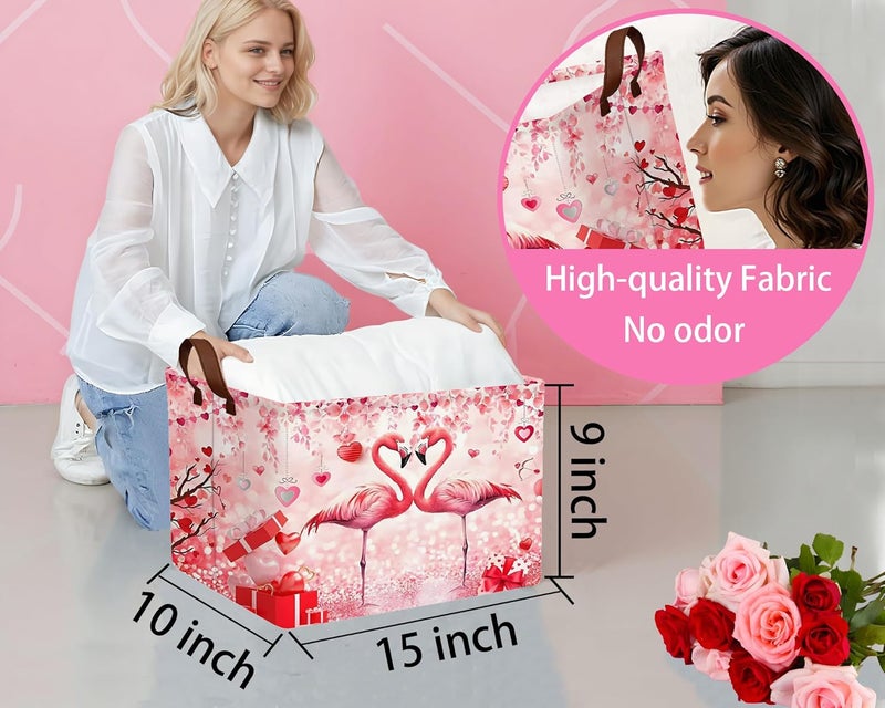BOOHIT Valentines Day Basket Large Foldable Heart Shaped Storage Box for Gifts Kids Empty Storage Bins Rectangular Toy Organizer Decor (Love Flamingo) - Image 2